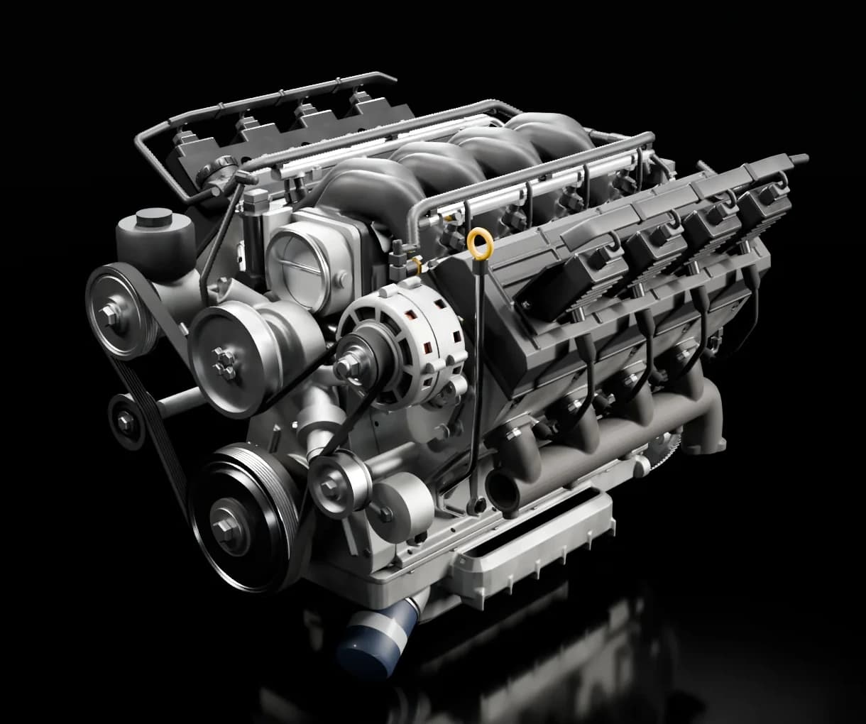 Motor V8 GM LS3 6.2 montado, em render 3D: corpo de borboleta e coletor de admissão no alto, bobinas sobre os cabeçotes, coletores de escape nas laterais e as polias da correia na frente.